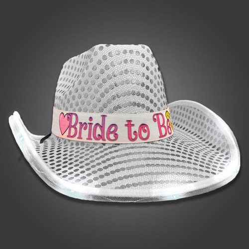 Personalized Light up Cowboy Hats Full Color Sublimated Customization, a white cowboy hat with a dotted design and a pink band that reads 'Bride to Be'