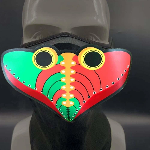 EL Panel Mask Style 110 A, colorful decorative face mask resembling a watermelon, with bright green, red, and yellow colors and circular eye designs.