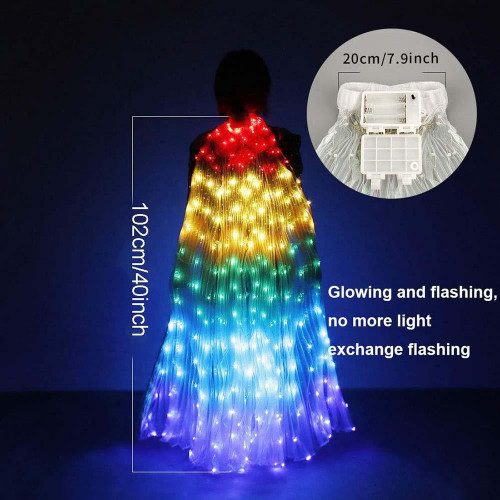 Remote Controlled LED Wings LED Cape with Rainbow Lights, lighted wings glowing in red, yellow, green, blue, and purple colors in a dark setting, showing dimensions of 102cm by 40in in height and 20cm in width for the control box.