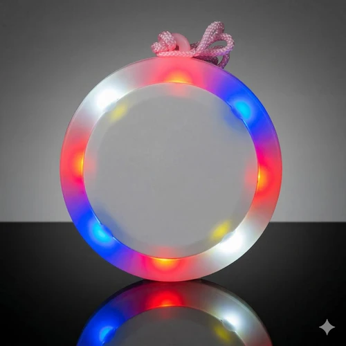 illuminated circular pendant with multi-colored LED lights, glowing along the edges