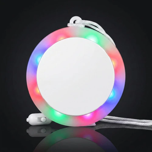 circular LED necklace with multicolor illuminated border and adjustable cord on a dark background