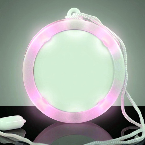 Luminous Arc Medallion LED Necklace, glowing round LED necklace with pink border and adjustable cord.