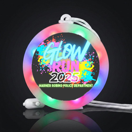 Personalized Luminous Arc Medallion LED Necklace Your Name or Logo, glowing neon LED necklace with customizable name or logo, colorful illuminated pendant for promotional events and gifts.