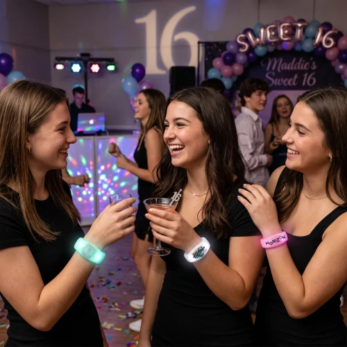 Guests wearing custom LED bracelets at a Sweet 16 party
