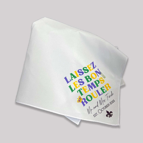 white handkerchief with colorful printed text and personal event details
