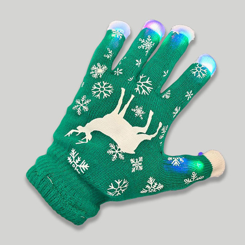 Light Up Christmas Gloves, green knitted gloves with white snowflakes and reindeer design, illuminated fingertips with colorful LED lights for festive holiday wear.
