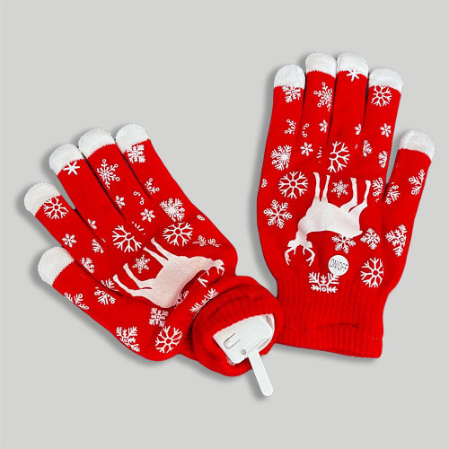 red holiday-themed gloves with white snowflake and reindeer designs featuring an ON/OFF switch and LED lights for