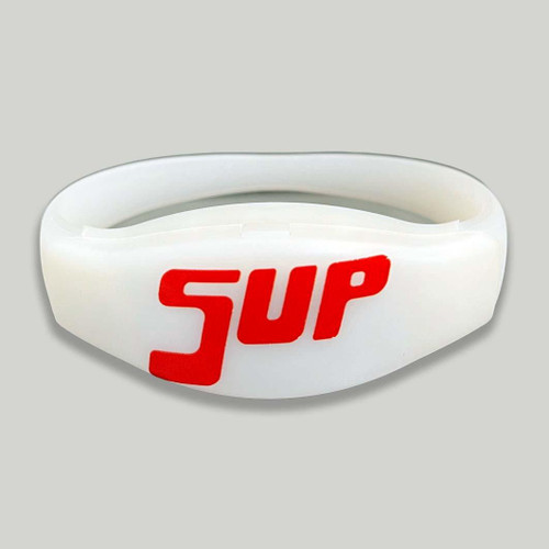 Full Color Personalized 16 Mode Multicolor LED Bracelet, white wristband with red 'Sup' text and multiple LED lighting modes.