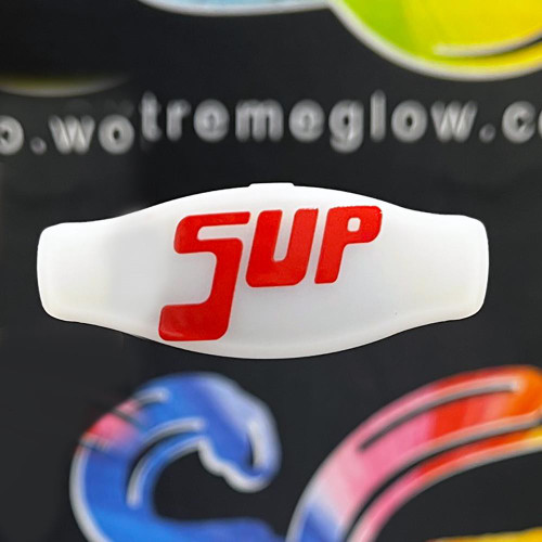 Full Color Personalized 16 Mode Multicolor LED Bracelet, close-up of white LED bracelet with red 'SUP' text display.