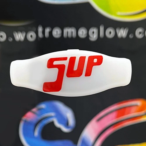 Full Color Personalized 16 Mode Multicolor LED Bracelet, close-up of white LED bracelet with red 'SUP' text display.