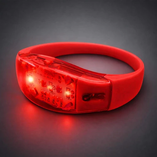 Full Color Personalized Sound Activated Bracelet, red LED light-up wristband with electronic components and adjustable strap.