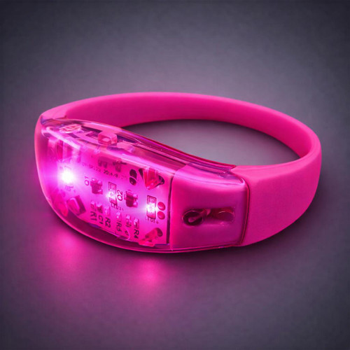 Full Color Personalized Sound Activated Bracelet, pink LED light-up adjustable wristband with customizable features and sound activation capability.