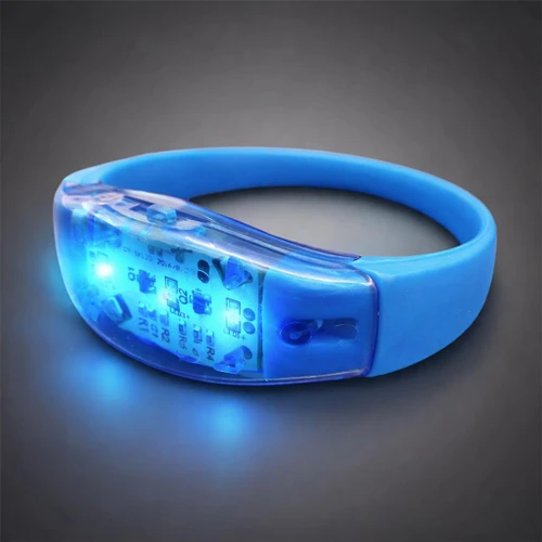 blue silicone wristband with integrated LED display showing colorful graphics and sound activation feature
