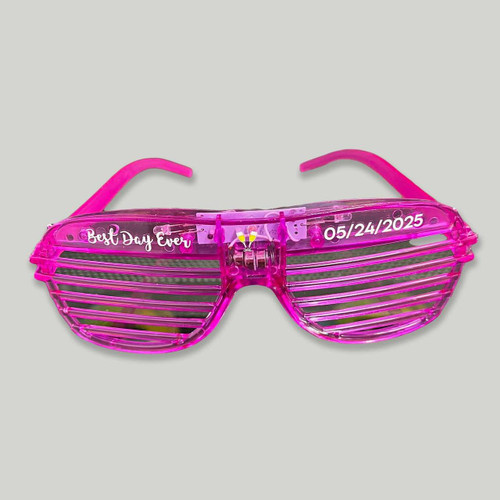 Extreme Glow Full Color Customized Party Sunglasses, pink ribbed sunglasses with personalized text and date engraved, perfect for celebrations and parties.