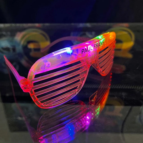 LED light-up colorful sunglasses with personalized engraving at the temple, ideal for parties and events