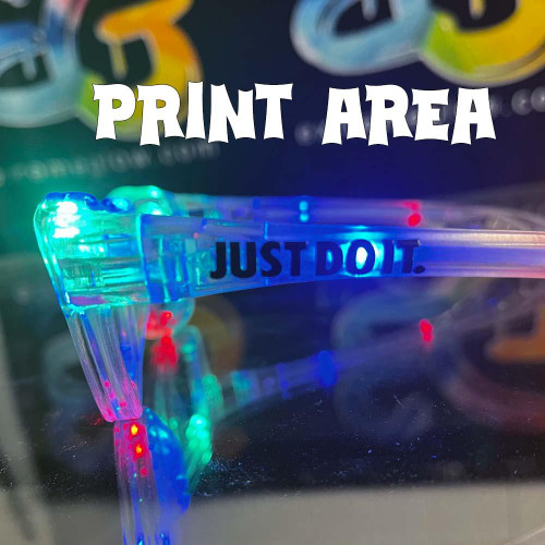 Extreme Glow Full Color Customized SHADES Sunglasses, illuminated colorful glasses with the phrase 'JUST DO IT' on the arm.