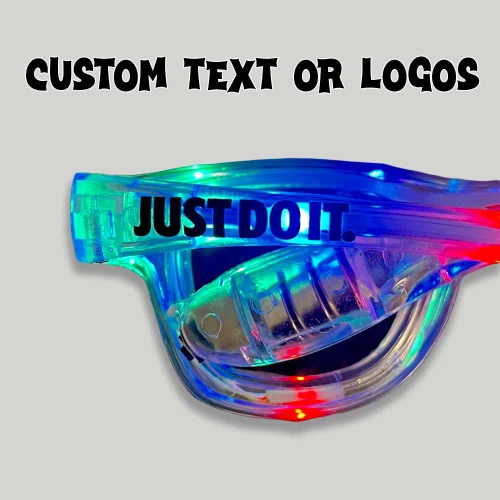 illuminated rainbow-colored LED sunglasses with customizable text or logos