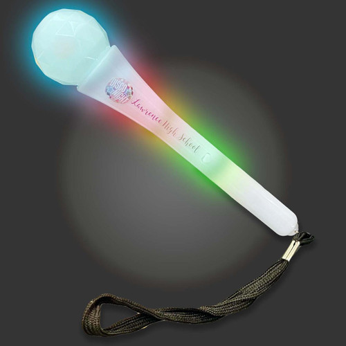 Custom LED Light-Up Toy Microphone with Personalized Full-Color Printing, illuminated microphone with rainbow-colored LED lights and customized text on the handle.