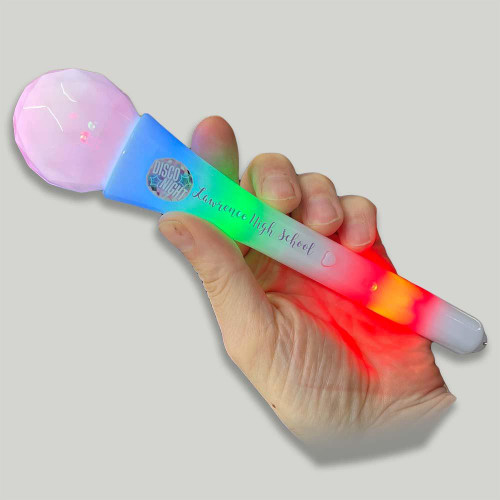 Custom LED Light-Up Toy Microphone with Personalized Full-Color Printing, vibrant multi-colored LED lights, and engraved text 'Lawrence High School' on the handle.