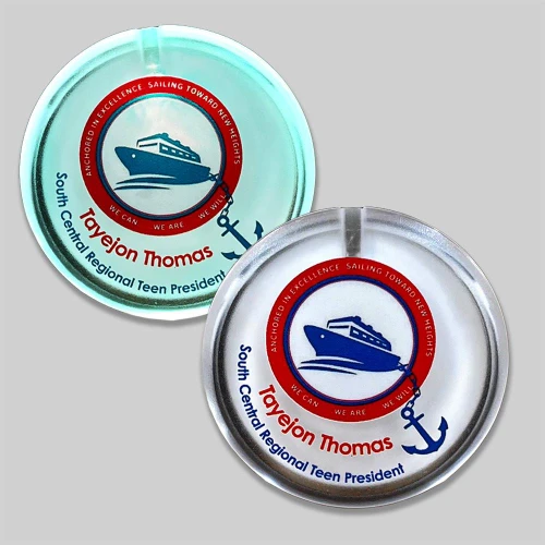 Personalized Multicolor Flashing Light Up Pin-on LED 2" Circle Badge, featuring a ship graphic and anchor with customizable text for a youth event.
