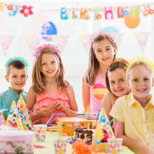Non-Lighted Happy Birthday Headband Bopper, children celebrating birthday party with colorful party hats and decorations.