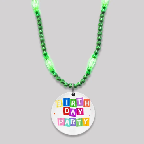 Double Sided Customized Mardi Gras Beads with Full Color Medallion Blank, beaded necklace with colorful 'Birthday Party' medallion pendant.
