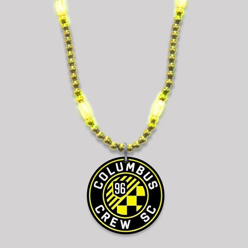 Double Sided Customized Mardi Gras Beads with Full Color Medallion Blank, close-up of Mardi Gras beads necklace with black and yellow medallion featuring Columbus Crew logo.