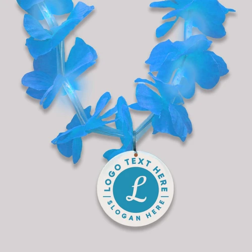 a vibrant blue floral lei with LED lights and a customizable medallion for logos or messages