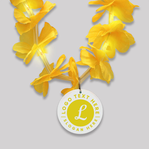 Double Sided Customized Floral Lei with Full Color Medallion Blank, yellow floral lei with a customizable medallion for branding or messaging.