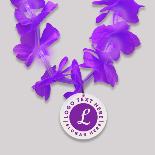 Double Sided Customized Floral Lei with Full Color Medallion Blank, purple fabric lei with full-color medallion pendant for personalization