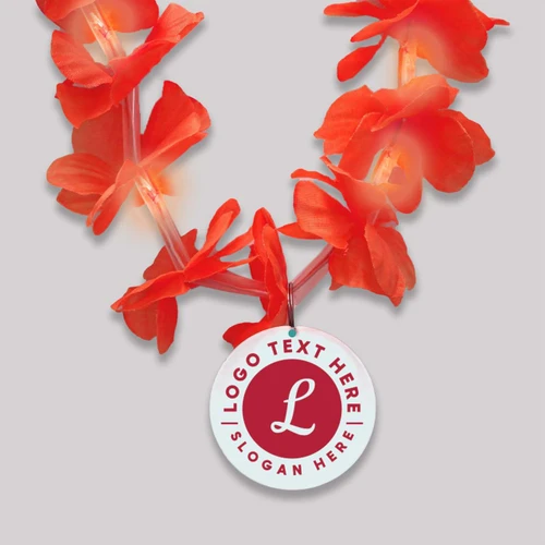 a vibrant orange lei made of artificial flowers with a customizable medallion pendant