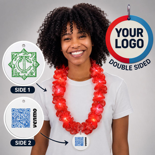 Double Sided Customized Floral Lei with Full Color Medallion Blank, image of a woman wearing a red flower lei with a customizable full color medallion and QR code name tag for promotional or event purposes.