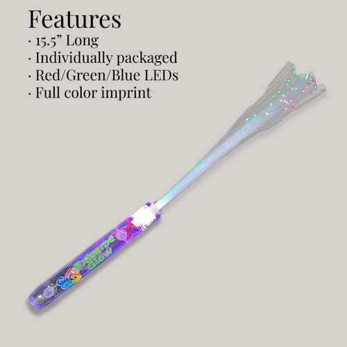 Customized Clear Fiber Optic Wand, transparent fiber optic wand with multicolored LED lights displaying different colors including red, green, and blue, designed for decorative lighting and special effects.