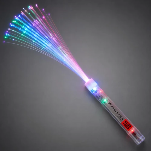Customized Clear Fiber Optic Wand, colorful illuminated fiber optic wand with multiple shining strands on a gray background.