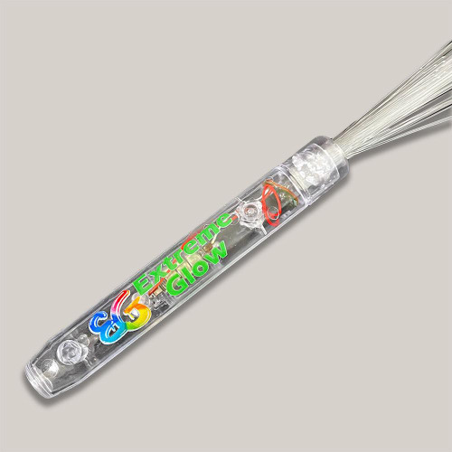 Customized Clear Fiber Optic Wand, transparent handheld device with colorful 'Extreme Glow' branding and fiber optic strands extending from the top.