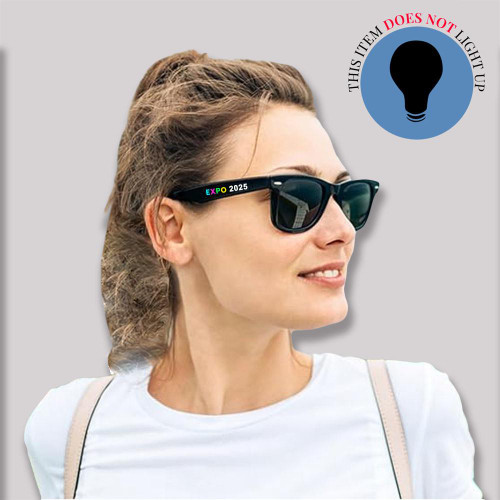 Non Lighted Black Sunglasses with Personalization, a woman wearing black sunglasses with personalized text on the temple that reads 'EXPO 2025'.