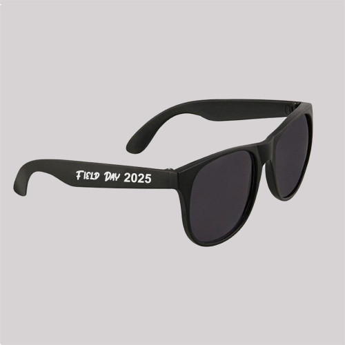 Non Lighted Black Sunglasses with Personalization, black sunglasses with custom text 'FIELD DAY 2025' on the arm.