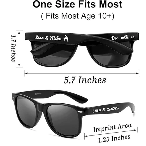 Non Lighted Black Sunglasses with Personalization, showing customized engraving with names and dates on the temples, measuring 5.7 inches in width with an imprint area of 1.25 inches.