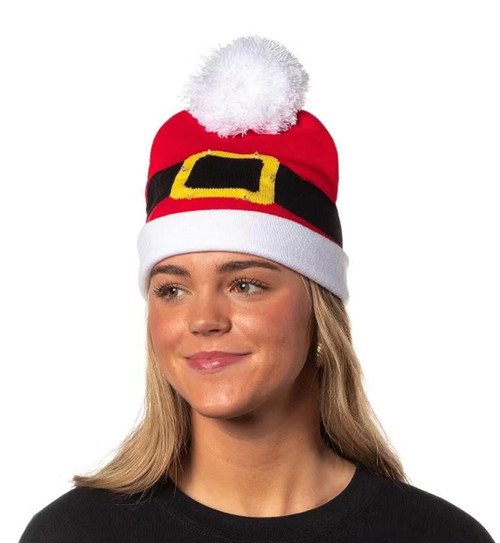Santa Belt Light-Up Beanie Hat, festive Christmas beanie with a santa belt design and light-up feature on top