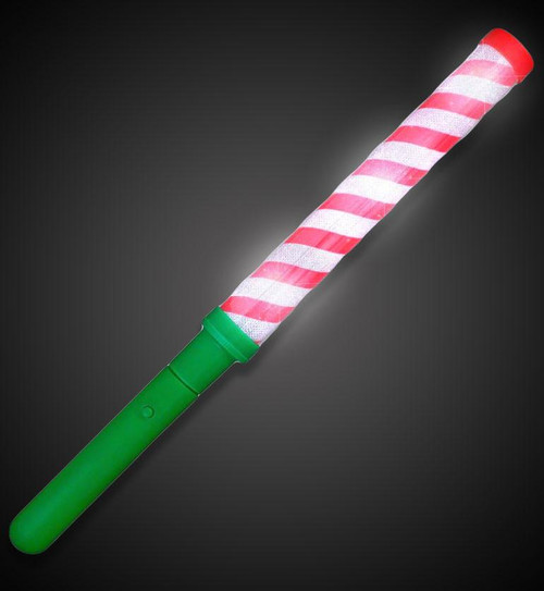 Light-Up Candy Cane Stripe Wand 12" Long, a festive toy with red and white striped design and a green handle that lights up.