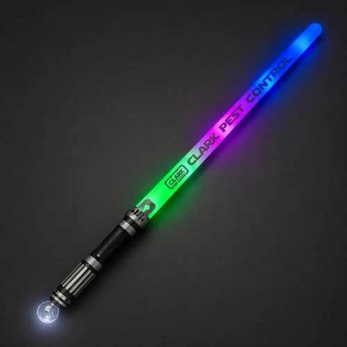 Customized 23 inch Rainbow Sword, illuminated LED toy sword with multicolored glowing blade and black handle on dark background.