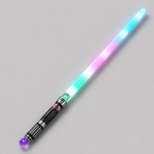 Customized 23 inch Rainbow Sword, illuminated colorful LED light-up toy sword with a futuristic design and purple gem handle on a plain gray background.