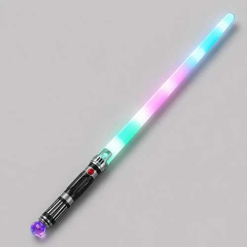 Customized 23 inch Rainbow Sword, illuminated colorful LED light-up toy sword with a futuristic design and purple gem handle on a plain gray background.