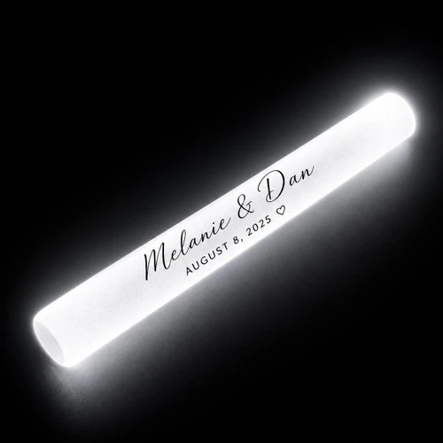 Customized White Wedding LED Foam Glow Sticks, glowing foam stick with personalized text and date for wedding celebration.