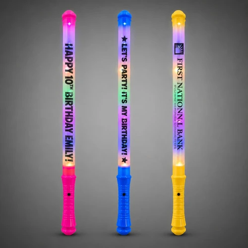 Customized LED Magic Wands, 18-inch bright LED wands with multicolored LEDs for parties, weddings, and promotions, featuring personalized messages and vibrant lighting effects.