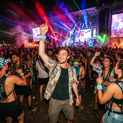 LED Wristband, colorful LED wristbands worn by festival attendees during a lively concert with stage lighting and a crowd dancing.