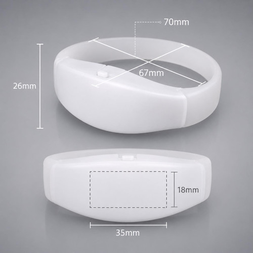 Color Changing Sound Activated LED Silicone Bracelet, white silicone LED bracelet with adjustable strap, measurement details included for size and features.