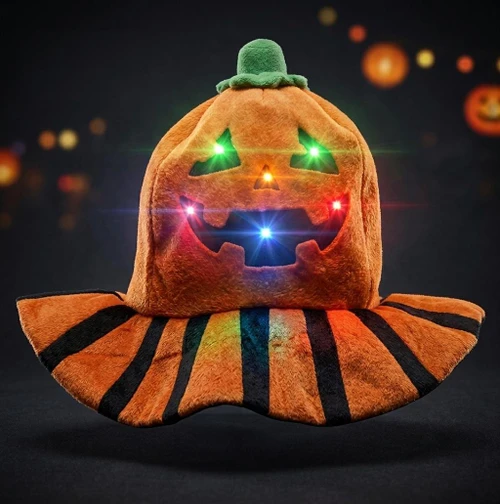 Halloween Light-Up Jack-O-Lantern Hat for Parties, plush pumpkin hat with glowing LED eyes and mouth, designed for Halloween celebrations.