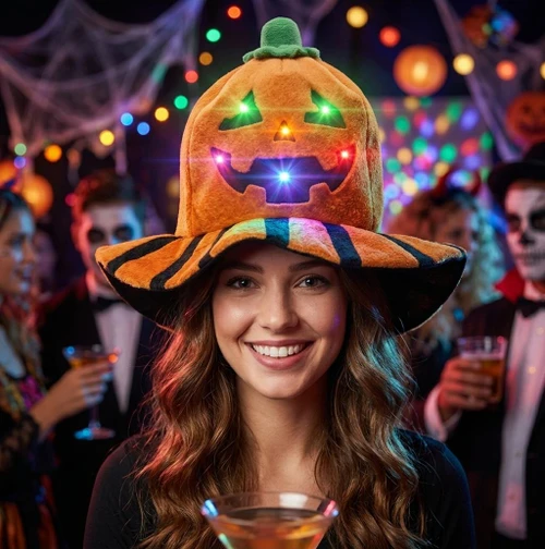 Halloween Light-Up Jack-O-Lantern Hat for Parties, plush pumpkin hat with LED lights and spooky face design, worn by a smiling woman at a Halloween party with colorful decorations and costumed guests in the background.