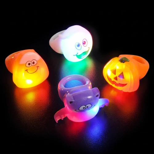 Assorted LED Halloween Plastic Ring, colorful light-up Halloween plastic rings with spooky and fun pumpkin, ghost, bat, and smiley face designs.